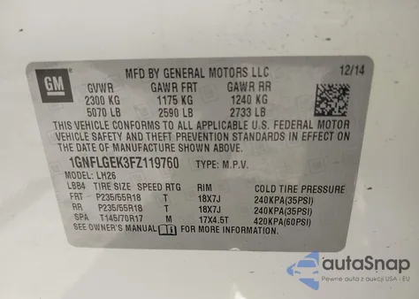 2015 Chevrolet Equinox 2Lt из США, поврежденный, VIN 1GNFLGEK3FZ119760